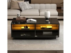 Mesa de centro retangular 94x50x34cm com 2 gavetas, LED incluído, corpo em laca preta brilhante