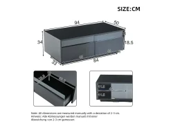 Mesa de centro retangular 94x50x34cm com 2 gavetas, LED incluído, corpo em laca preta brilhante