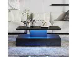 Mesa de centro retangular moderna lacada a preto com gaveta e LED