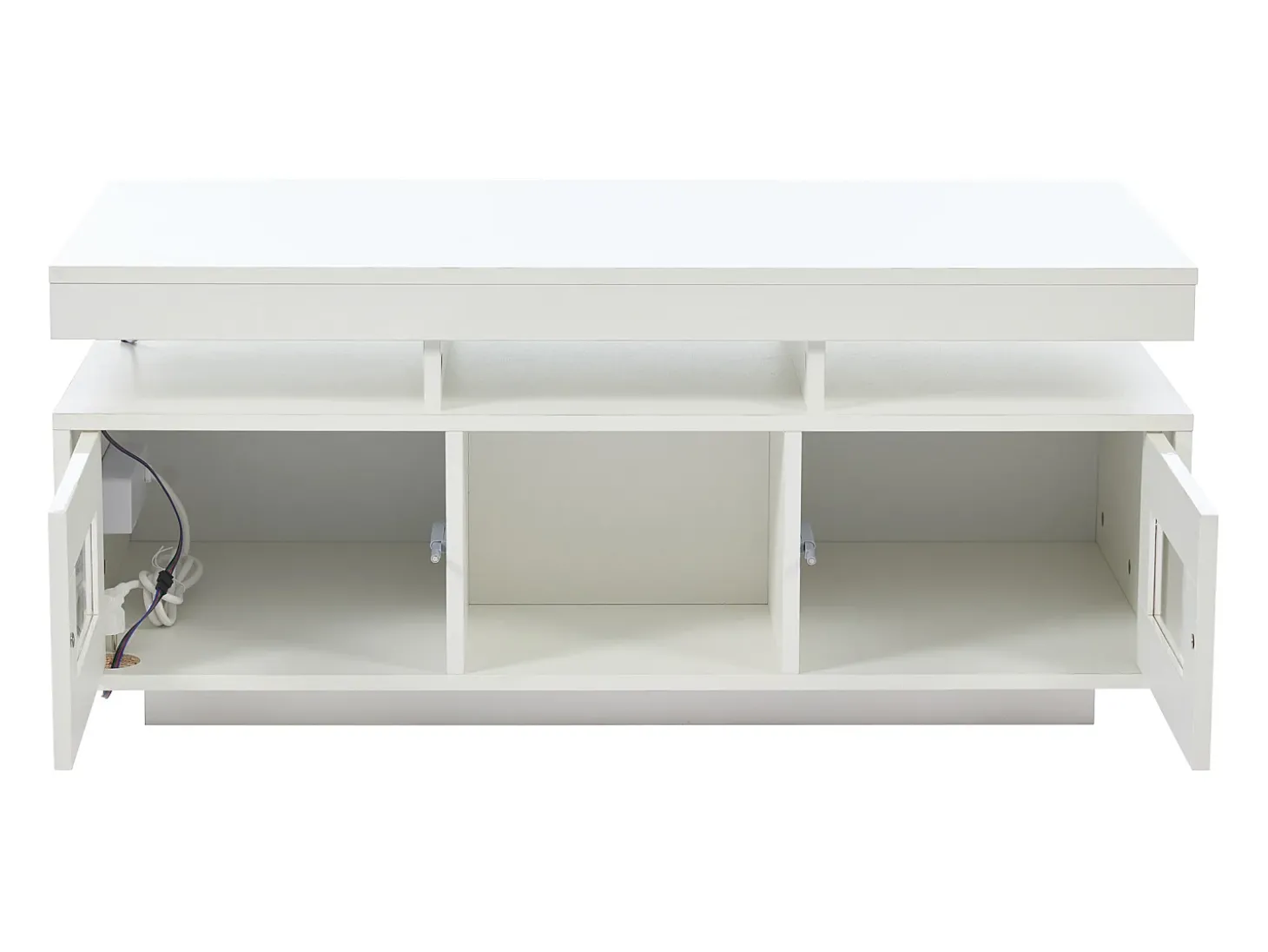 Mesa de centro retangular 100x50x43cm com 2 portas e nicho, LED, portas USB e tomada incluídas, corpo em laca branca brilhante