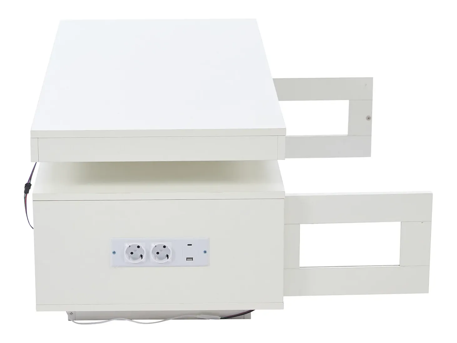 Mesa de centro retangular 100x50x43cm com 2 portas e nicho, LED, portas USB e tomada incluídas, corpo em laca branca brilhante