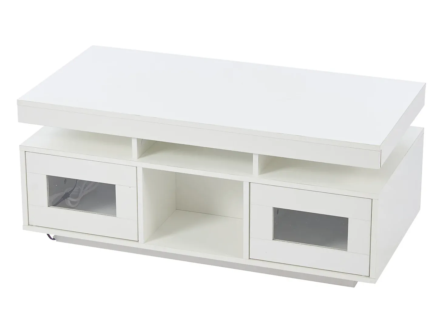 Mesa de centro retangular 100x50x43cm com 2 portas e nicho, LED, portas USB e tomada incluídas, corpo em laca branca brilhante