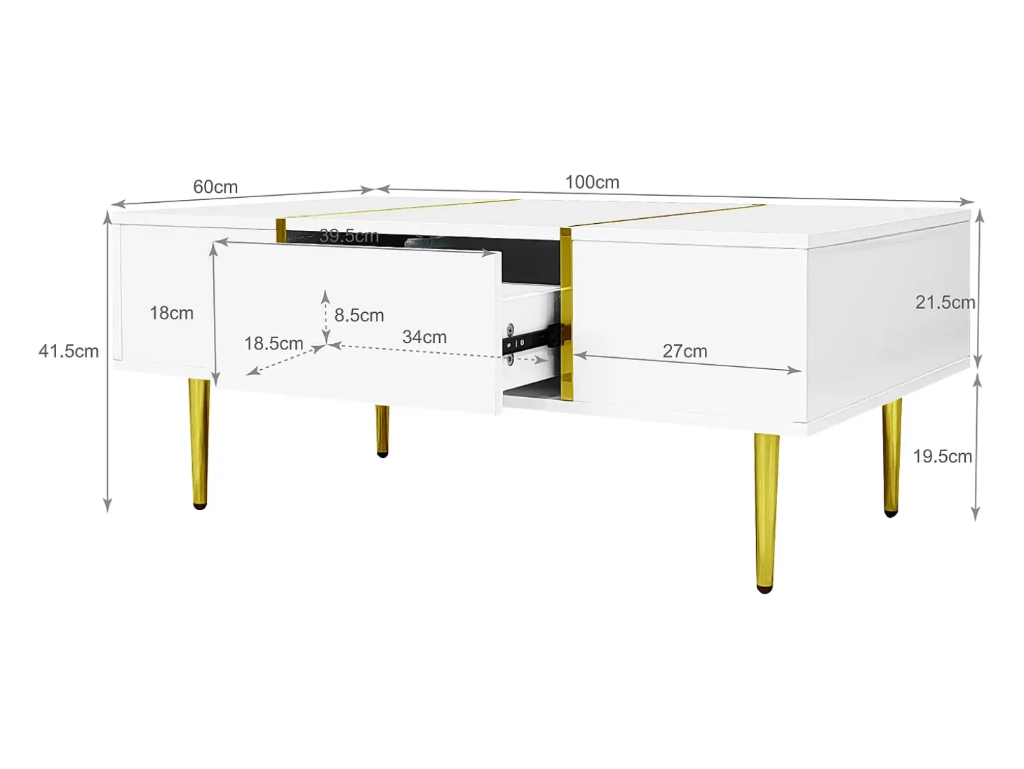 Mesa de centro retangular 100x60x41,5cm com 2 gavetas, corpo em laca branca com detalhes dourados