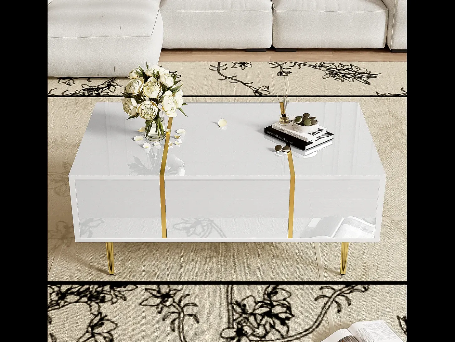 Mesa de centro retangular 100x60x41,5cm com 2 gavetas, corpo em laca branca com detalhes dourados