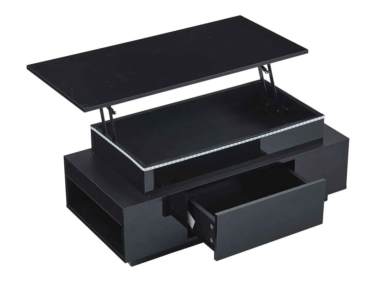 Mesa de centro retangular 96x45x40cm com tampo elevatório e 1 gaveta, amplo espaço de arrumação integrado, LED incluído, corpo em laca preta brilhante