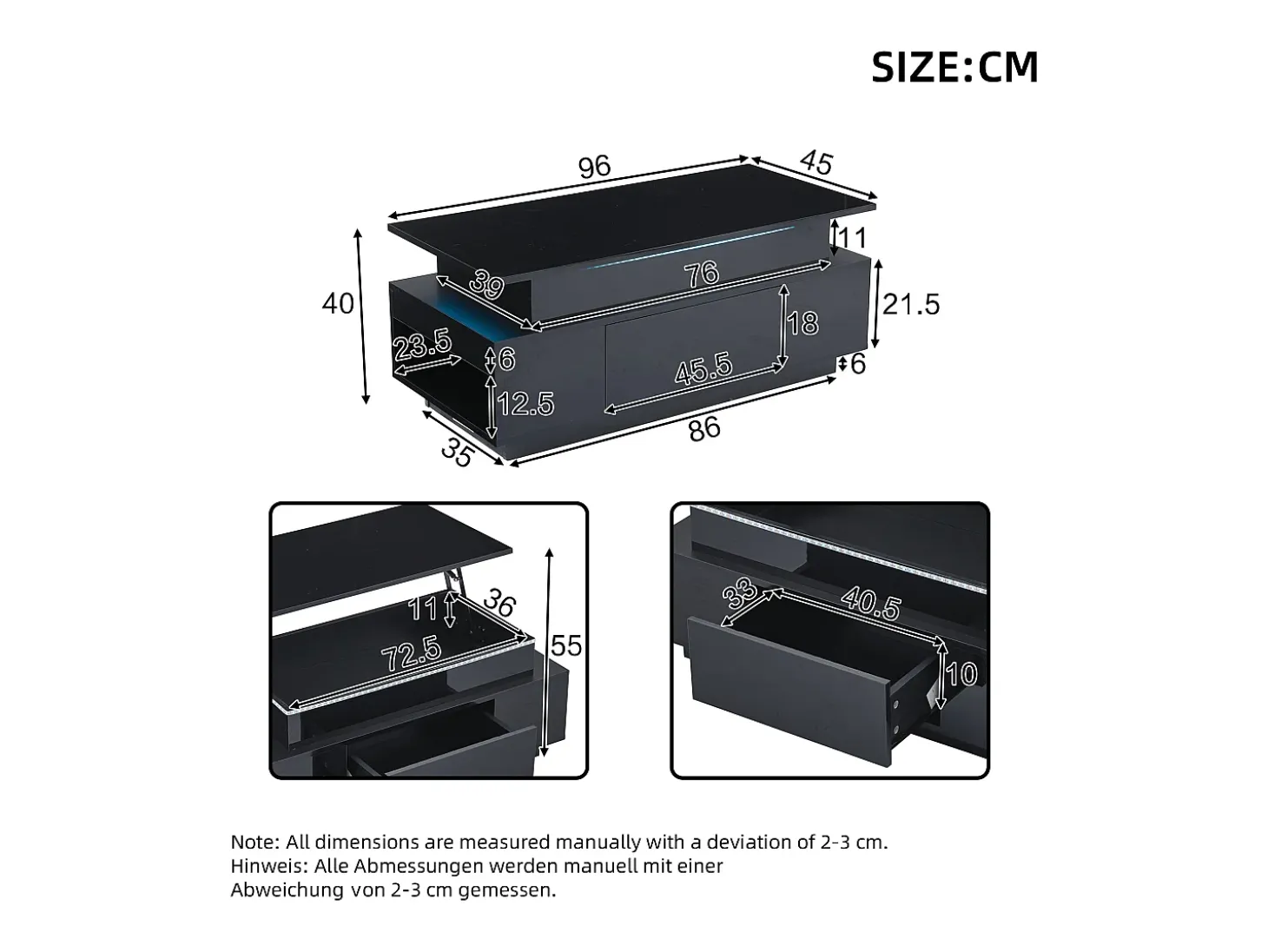 Mesa de centro retangular 96x45x40cm com tampo elevatório e 1 gaveta, amplo espaço de arrumação integrado, LED incluído, corpo em laca preta brilhante