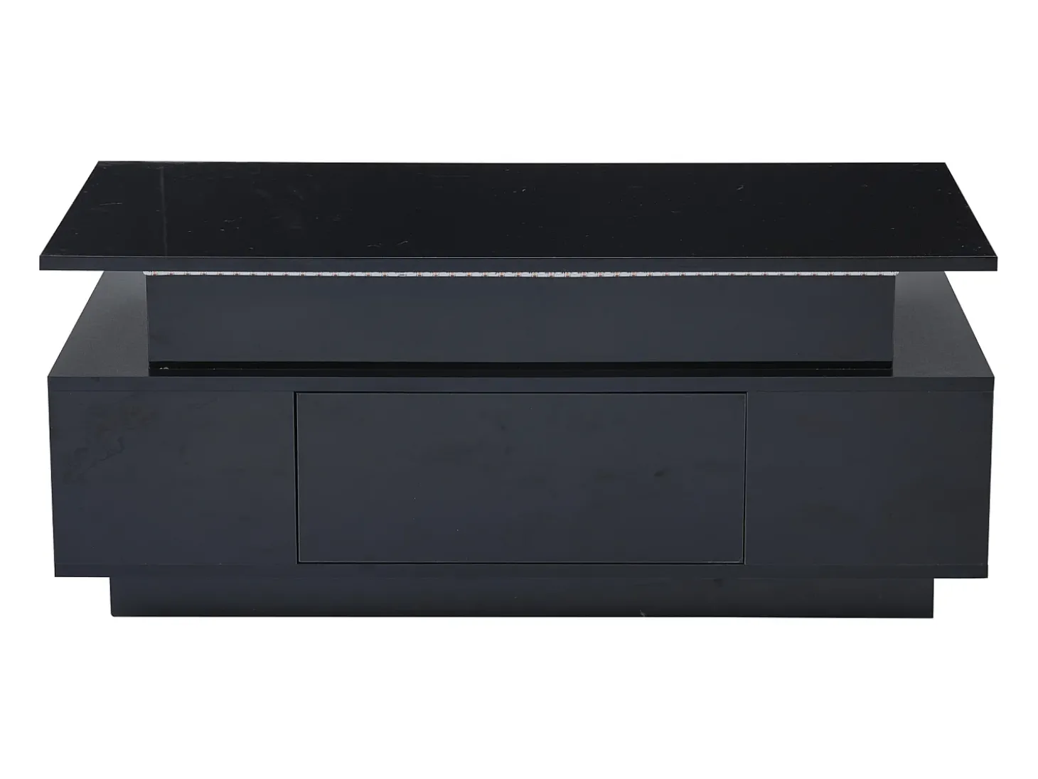 Mesa de centro retangular 96x45x40cm com tampo elevatório e 1 gaveta, amplo espaço de arrumação integrado, LED incluído, corpo em laca preta brilhante