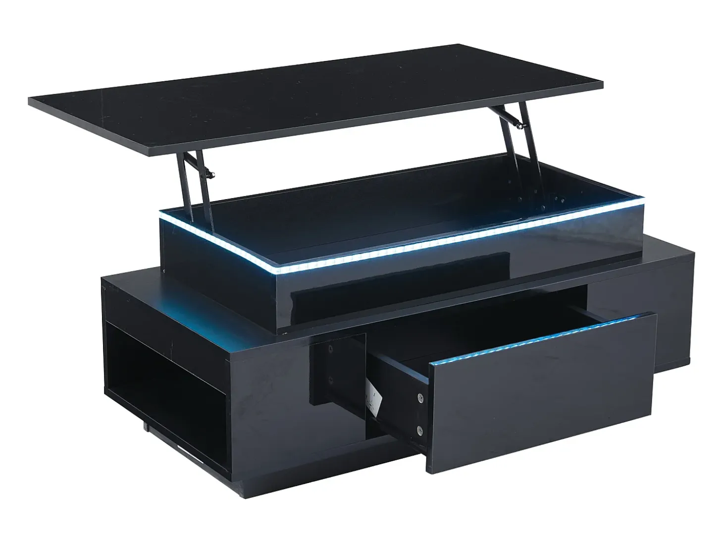 Mesa de centro retangular 96x45x40cm com tampo elevatório e 1 gaveta, amplo espaço de arrumação integrado, LED incluído, corpo em laca preta brilhante