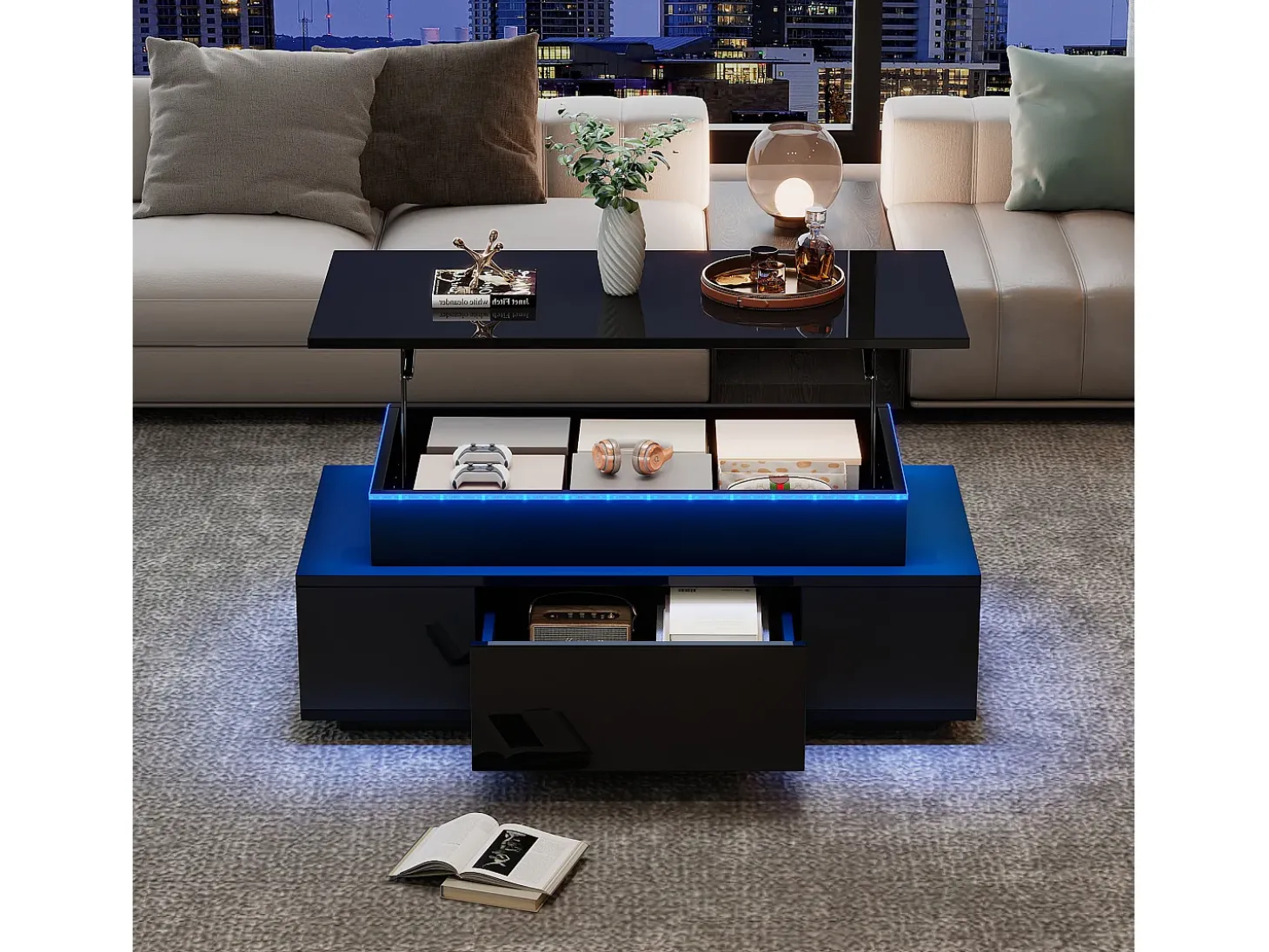 Mesa de centro retangular 96x45x40cm com tampo elevatório e 1 gaveta, amplo espaço de arrumação integrado, LED incluído, corpo em laca preta brilhante