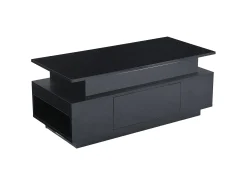 Mesa de centro retangular 96x45x40cm com tampo elevatório e 1 gaveta, amplo espaço de arrumação integrado, LED incluído, corpo em laca preta brilhante