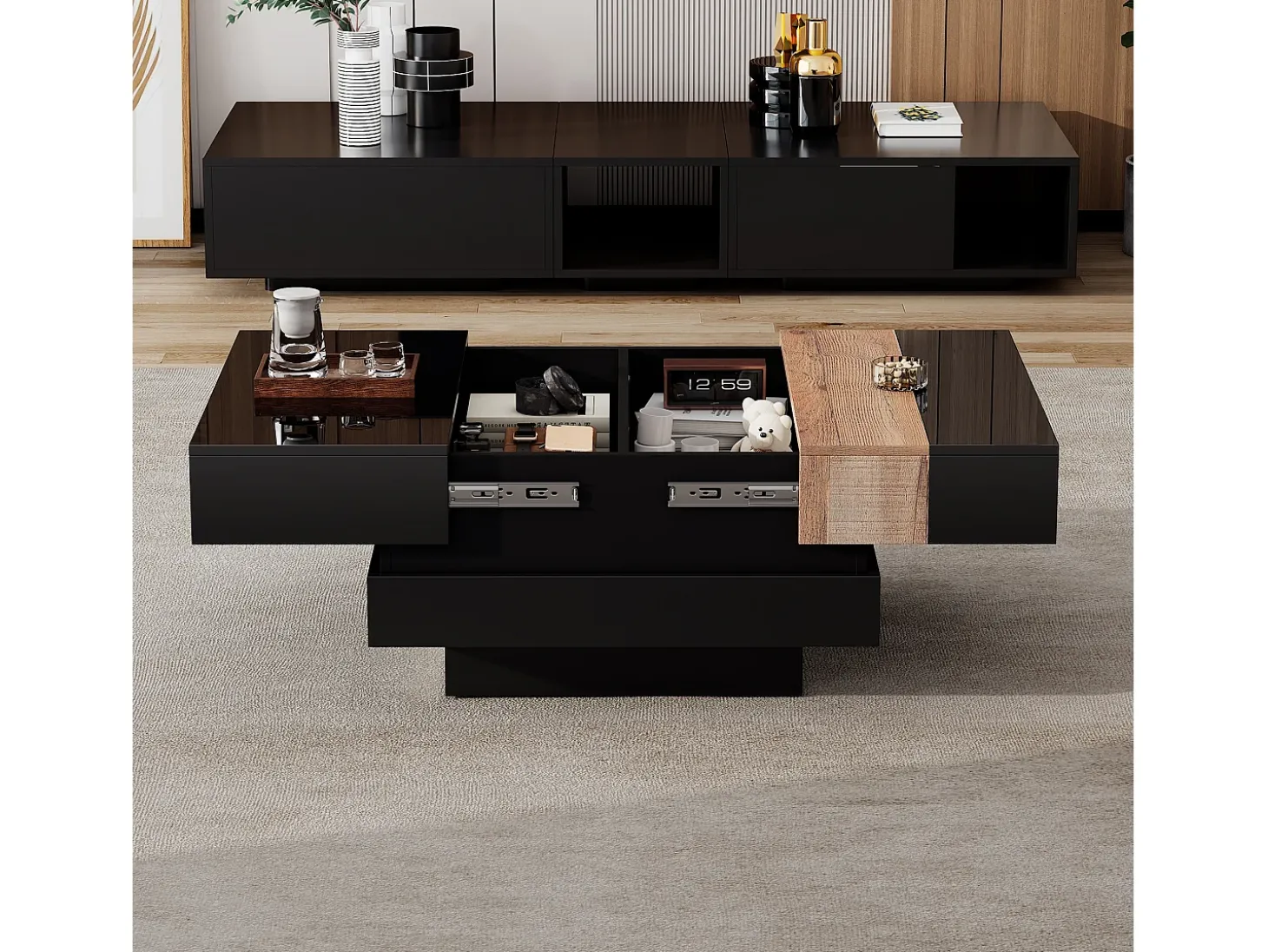 Mesa de centro retrátil 70x70x39 cm - com espaço de armazenamento - Acabamento brilhante - MDF - Preto