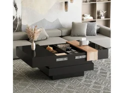 Mesa de centro retrátil 70x70x39 cm - com espaço de armazenamento - Acabamento brilhante - MDF - ​​Preto