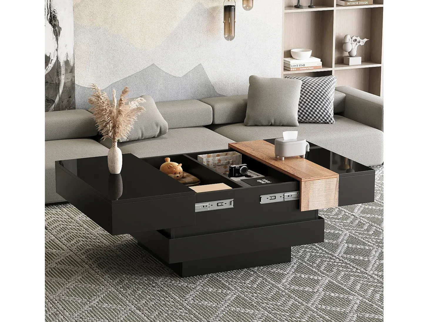 Mesa de centro retrátil 70x70x39 cm - com espaço de armazenamento - Acabamento brilhante - MDF - Preto