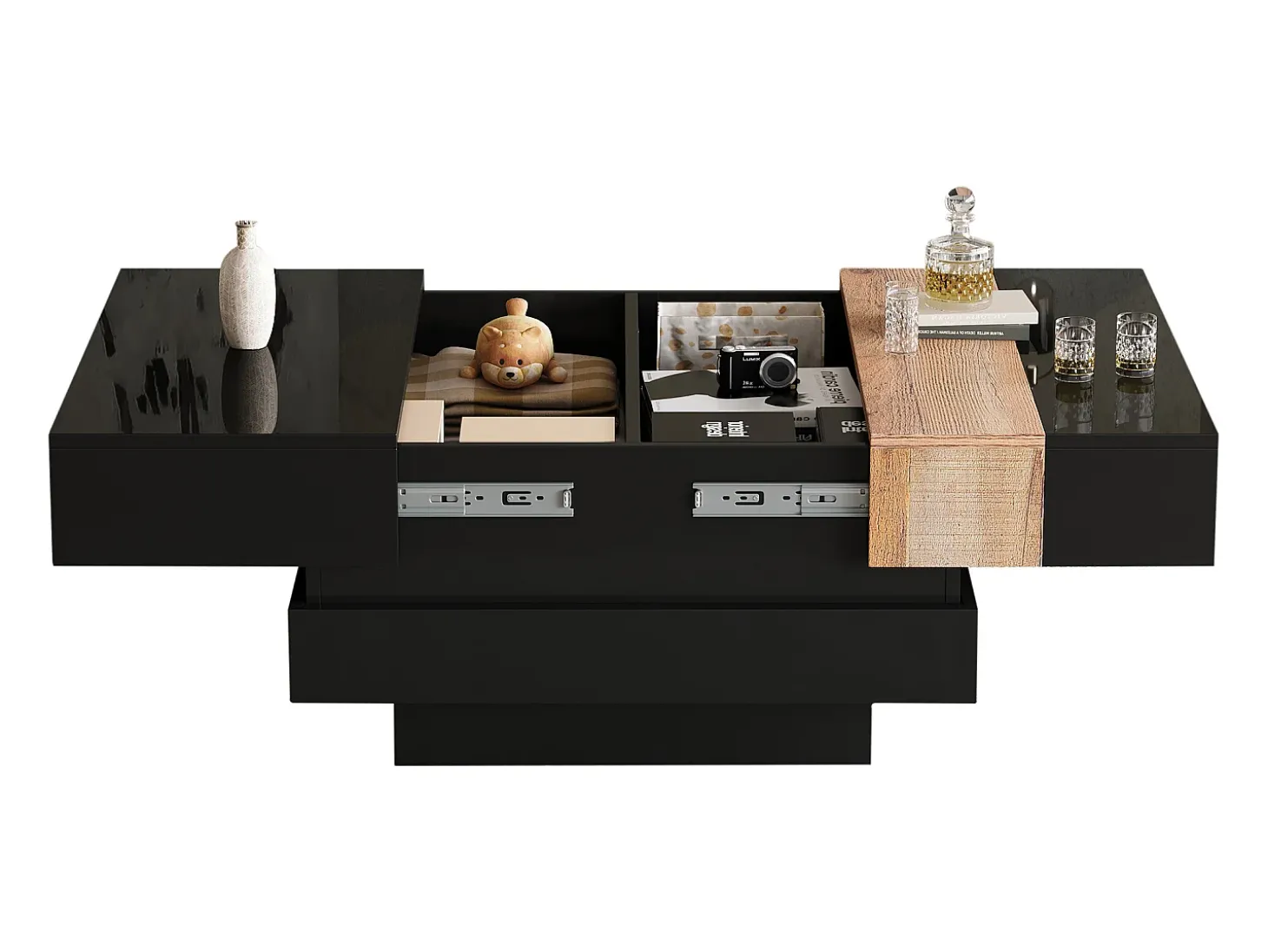 Mesa de centro retrátil 70x70x39 cm - com espaço de armazenamento - Acabamento brilhante - MDF - Preto