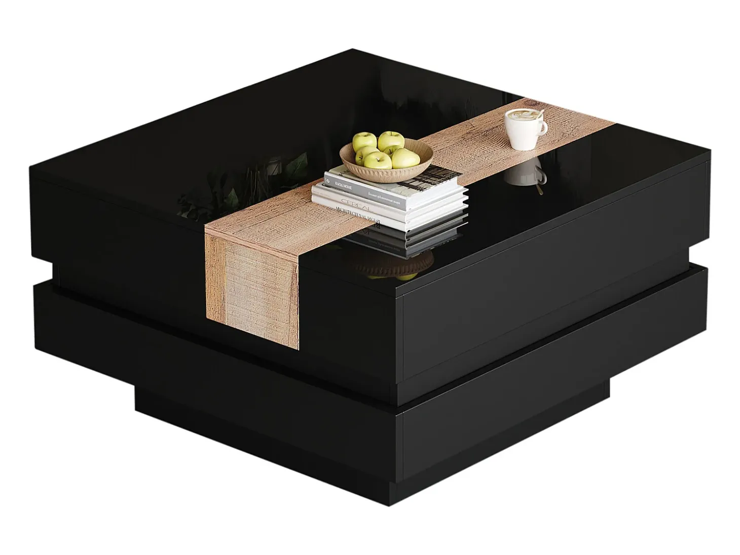 Mesa de centro retrátil 70x70x39 cm - com espaço de armazenamento - Acabamento brilhante - MDF - Preto