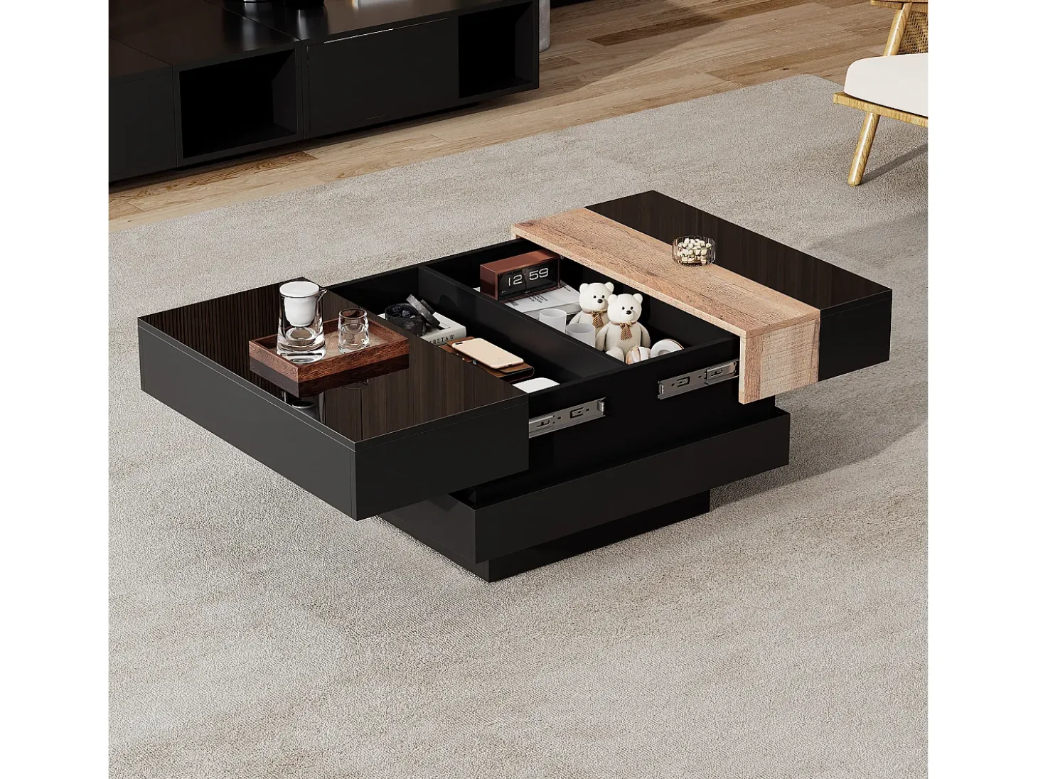 Mesa de centro retrátil 70x70x39 cm - com espaço de armazenamento - Acabamento brilhante - MDF - Preto