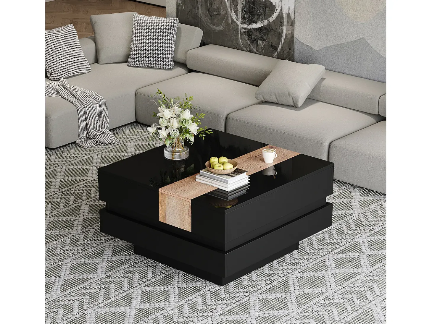 Mesa de centro retrátil 70x70x39 cm - com espaço de armazenamento - Acabamento brilhante - MDF - Preto