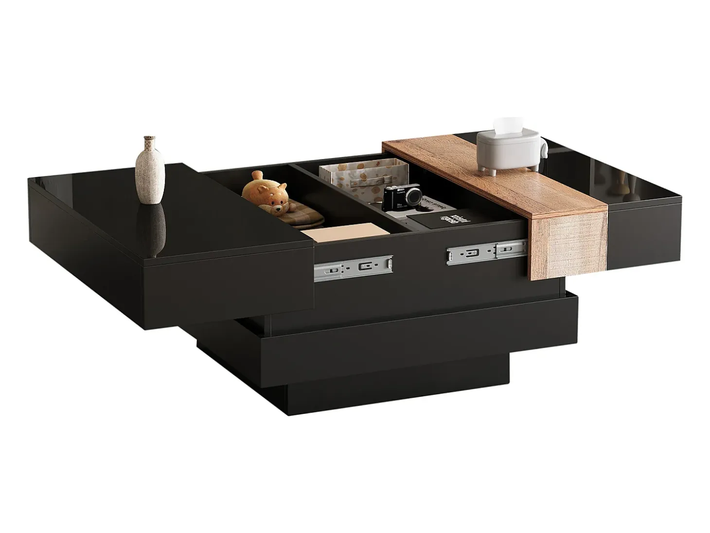 Mesa de centro retrátil 70x70x39 cm - com espaço de armazenamento - Acabamento brilhante - MDF - Preto