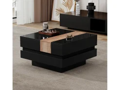 Mesa de centro retrátil 70x70x39 cm - com espaço de armazenamento - Acabamento brilhante - MDF - Preto