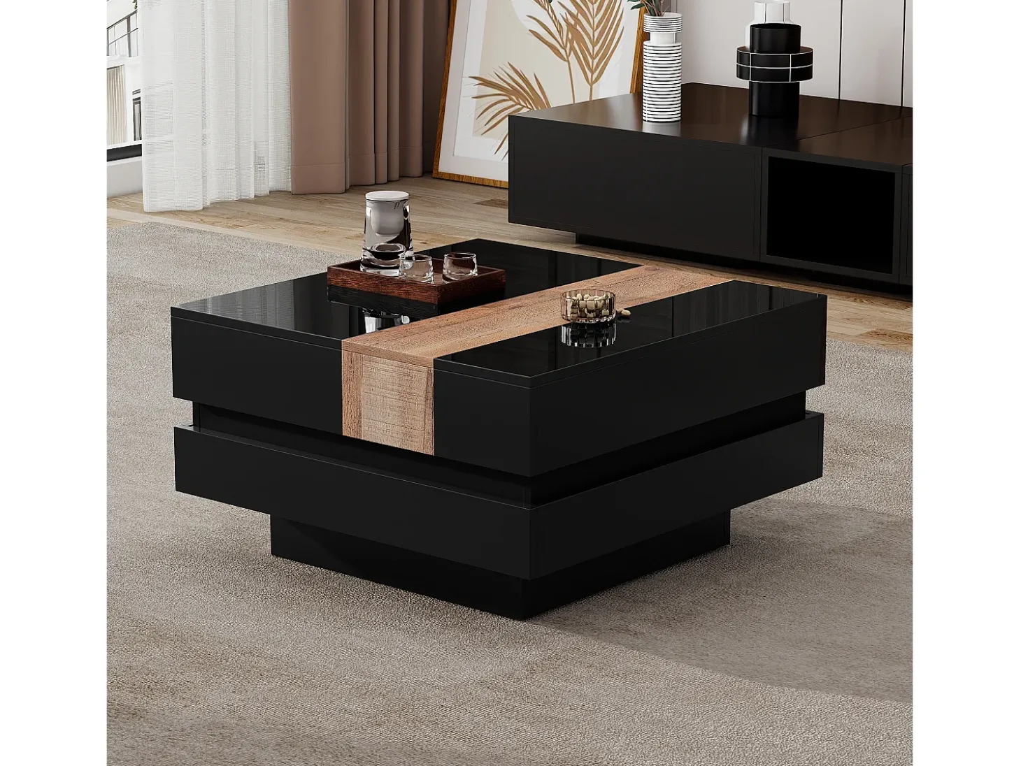 Mesa de centro retrátil 70x70x39 cm - com espaço de armazenamento - Acabamento brilhante - MDF - Preto