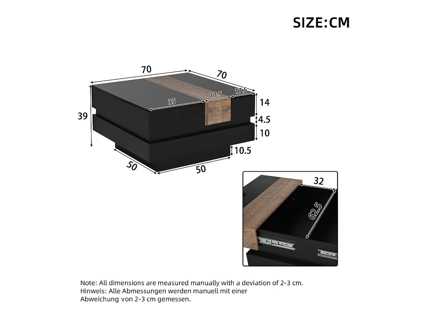 Mesa de centro retrátil 70x70x39 cm - com espaço de armazenamento - Acabamento brilhante - MDF - Preto
