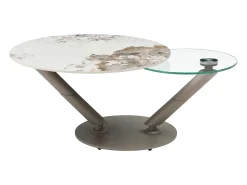 Mesa de centro tampos giratórios cerâmica e vidro temperado efeito mármore branco - ELDOVA