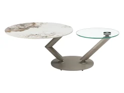 Mesa de centro tampos giratórios cerâmica e vidro temperado efeito mármore branco - ELDOVA