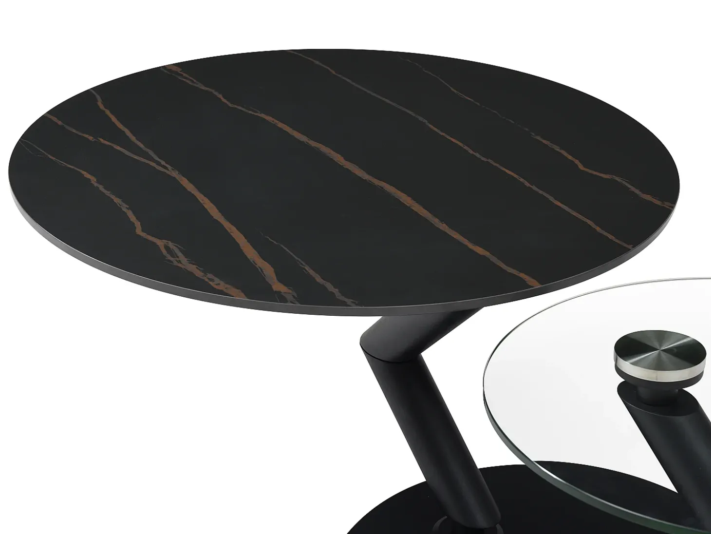 Mesa de centro tampos giratórios cerâmica e vidro temperado efeito mármore preto - ELDOVA