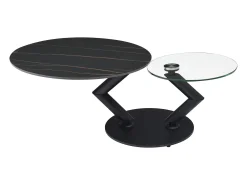 Mesa de centro tampos giratórios cerâmica e vidro temperado efeito mármore preto - ELDOVA