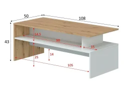 Mesa de centro Vail, Mesa de centro da sala, Mesa de centro, Mesa baixa, 100x50h43 cm, Carvalho atado e Branco Brilhante