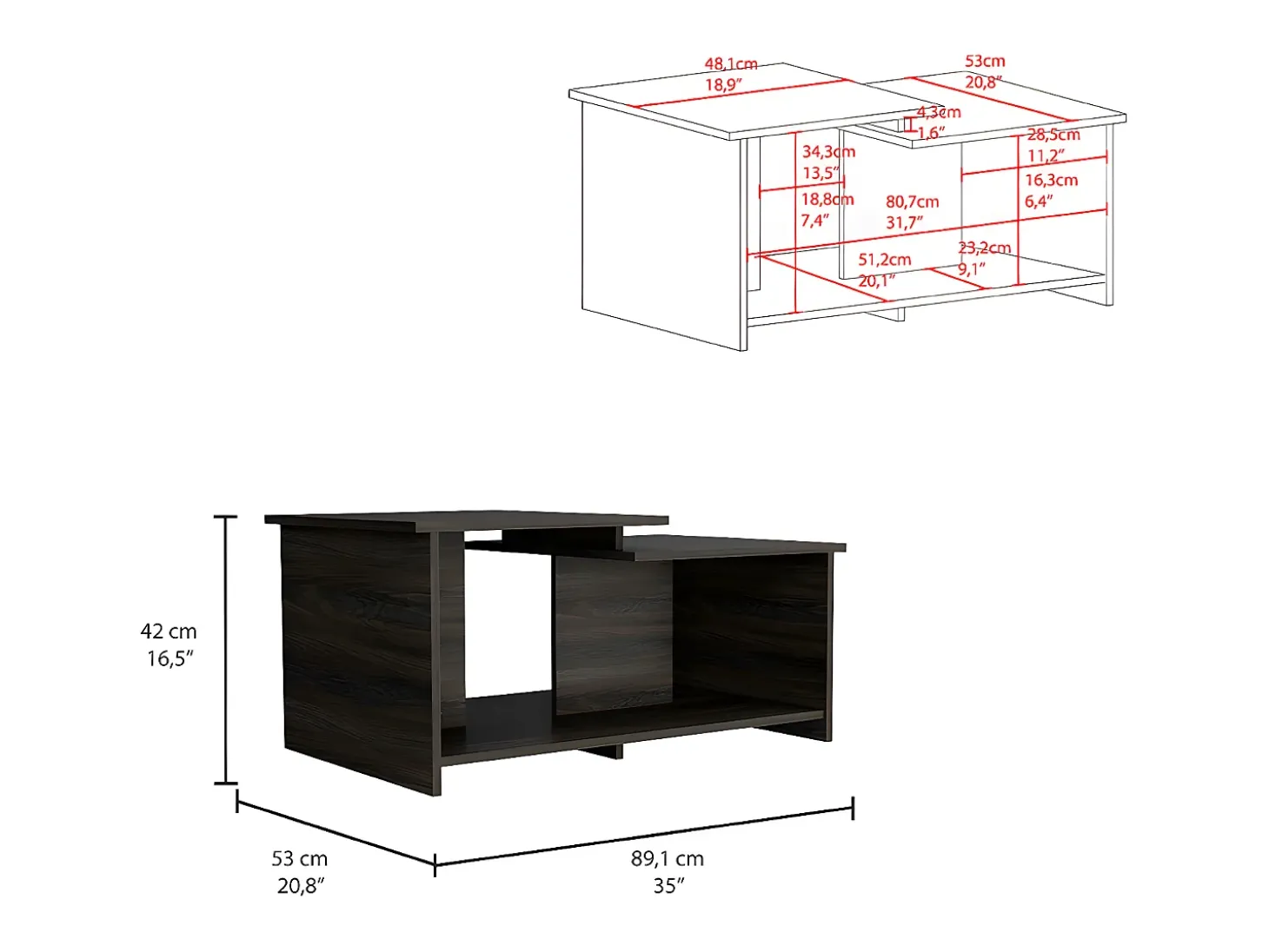 Mesa de centro Wema em melamina, com arrumação aberta, 41.91 cm X 89 cm X 53 cm , Cinzento / Prata