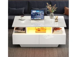 Mesa de centro 90x55 cm com LED, gaveta e prateleira, superfície lacada a branco
