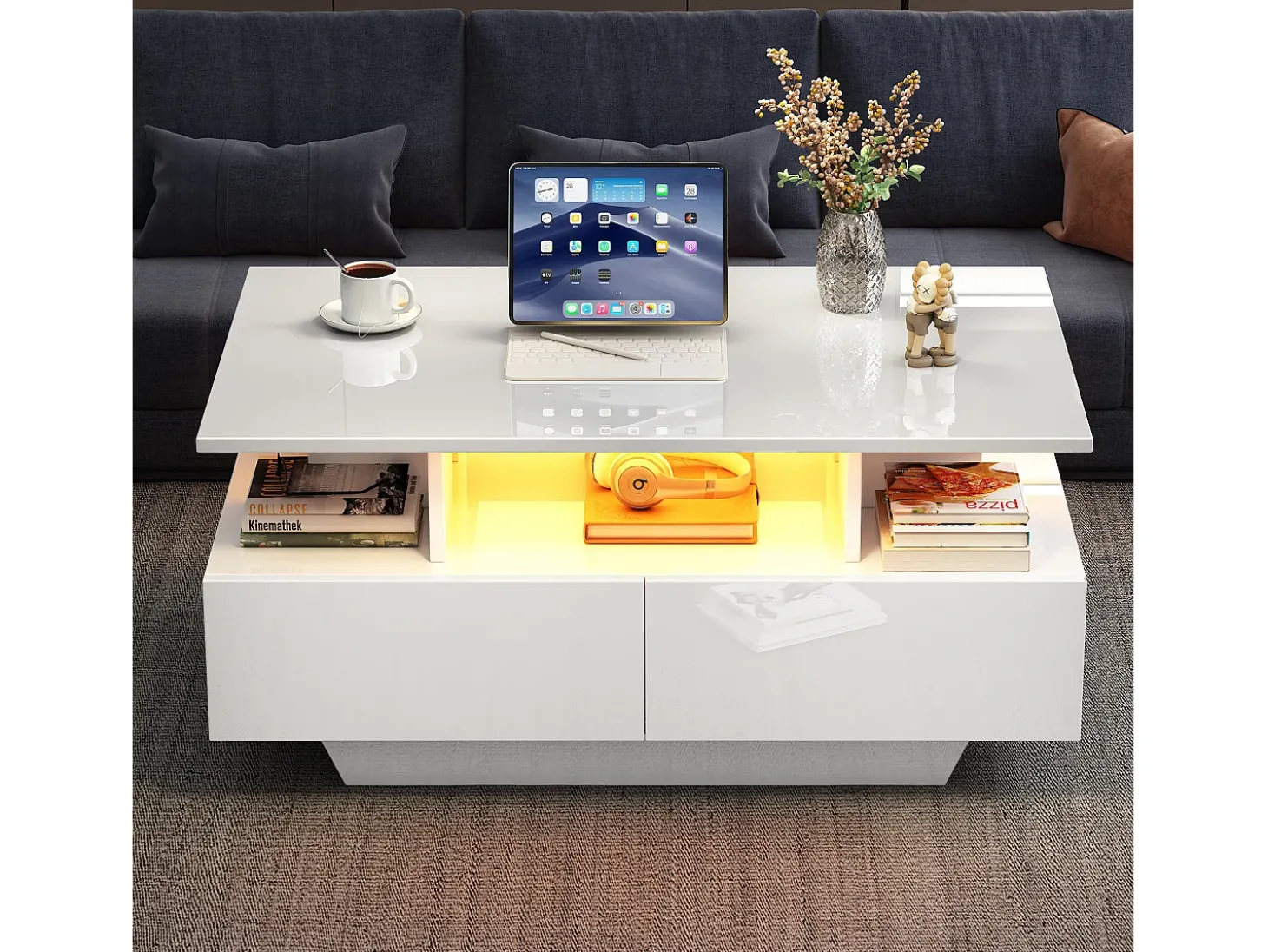Mesa de centro 90x55 cm com LED, gaveta e prateleira, superfície lacada a branco
