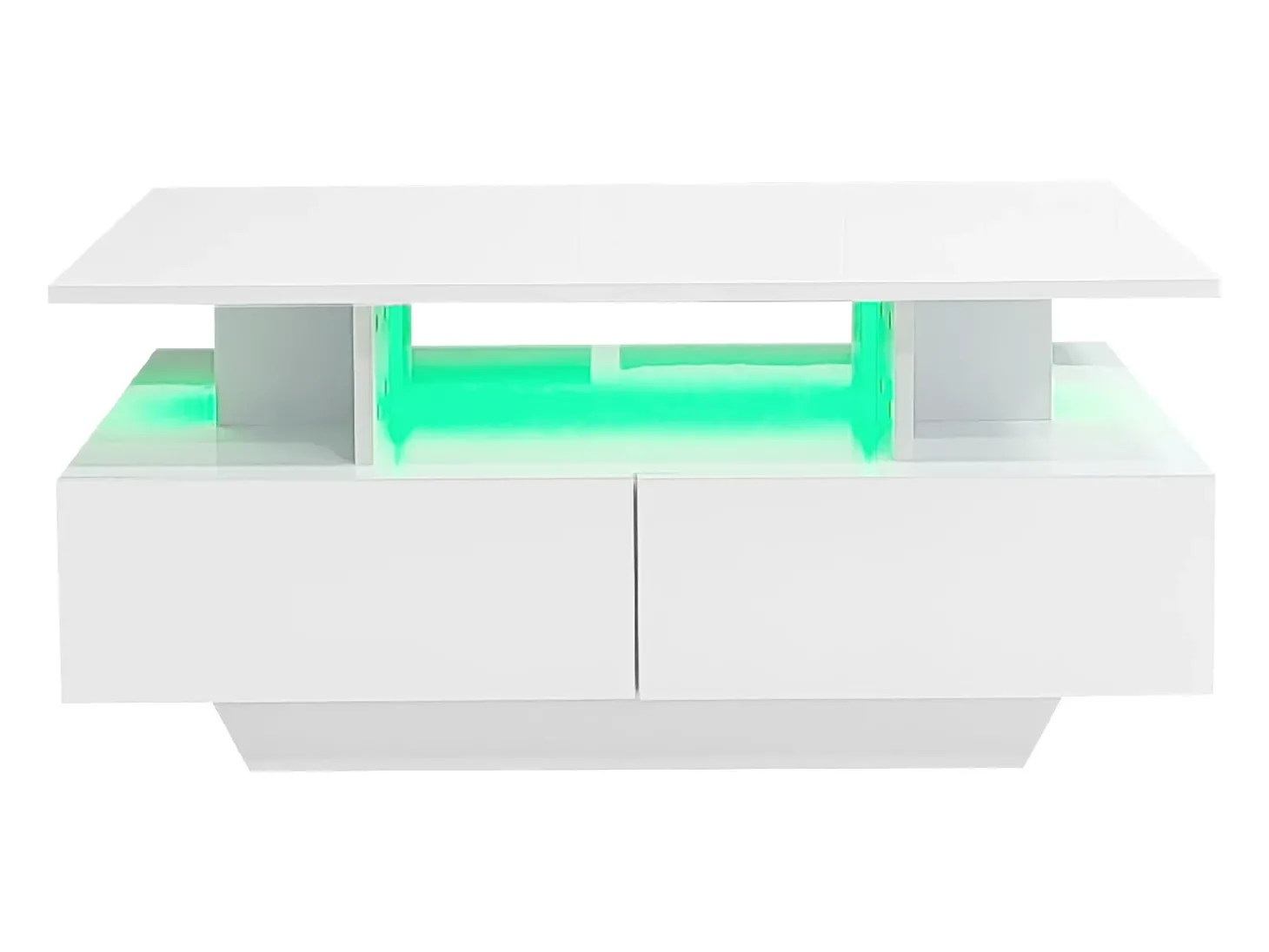 Mesa de centro 90x55 cm com LED, gaveta e prateleira, superfície lacada a branco