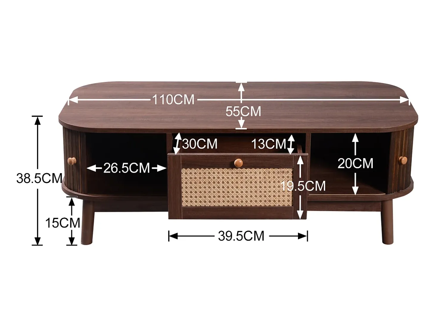 Mesa de centro 110x55cm em folheado de nogueira com rattan, amplo espaço de armazenamento, Natural Escuro