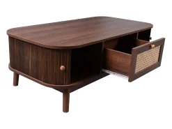 Mesa de centro 110x55cm em folheado de nogueira com rattan, amplo espaço de armazenamento, Natural Escuro