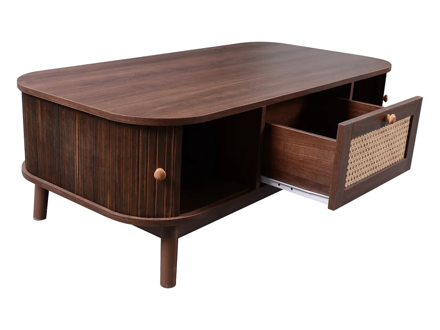 Mesa de centro 110x55cm em folheado de nogueira com rattan, amplo espaço de armazenamento, Natural Escuro