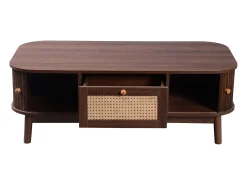 Mesa de centro 110x55cm em folheado de nogueira com rattan, amplo espaço de armazenamento, Natural Escuro