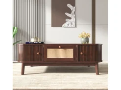 Mesa de centro 110x55cm em folheado de nogueira com rattan, amplo espaço de armazenamento, Natural Escuro