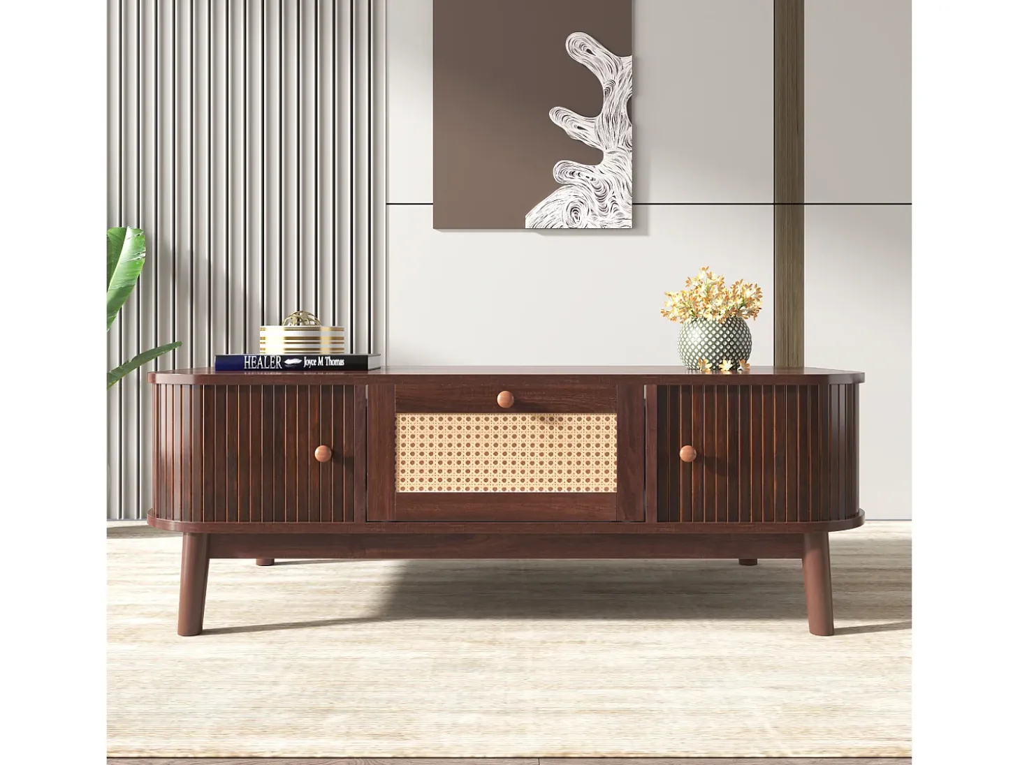 Mesa de centro 110x55cm em folheado de nogueira com rattan, amplo espaço de armazenamento, Natural Escuro
