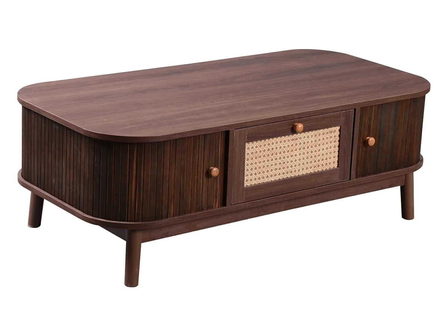 Mesa de centro 110x55cm em folheado de nogueira com rattan, amplo espaço de armazenamento, Natural Escuro