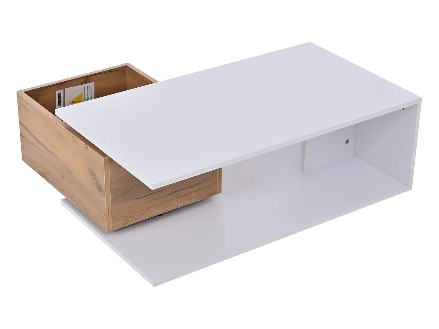 Mesa de centro 90x50x30 cm - 1 gaveta - giratório 360° - Espaço de armazenamento aberto - MDF - Branco + Natural