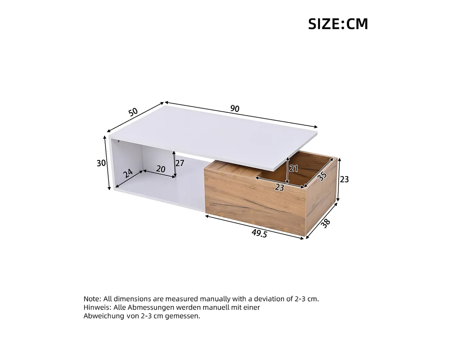 Mesa de centro 90x50x30 cm - 1 gaveta - giratório 360° - Espaço de armazenamento aberto - MDF - Branco + Natural