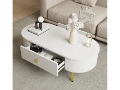 Mesa de centro 108x50x40 cm - com 2 gavetas - puxadores e pés dourados - branco