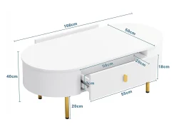 Mesa de centro 108x50x40 cm - com 2 gavetas - puxadores e pés dourados - branco
