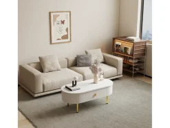 Mesa de centro 108x50x40 cm - com 2 gavetas - puxadores e pés dourados - branco