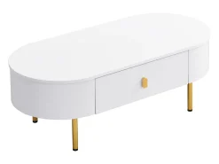 Mesa de centro 108x50x40 cm - com 2 gavetas - puxadores e pés dourados - branco