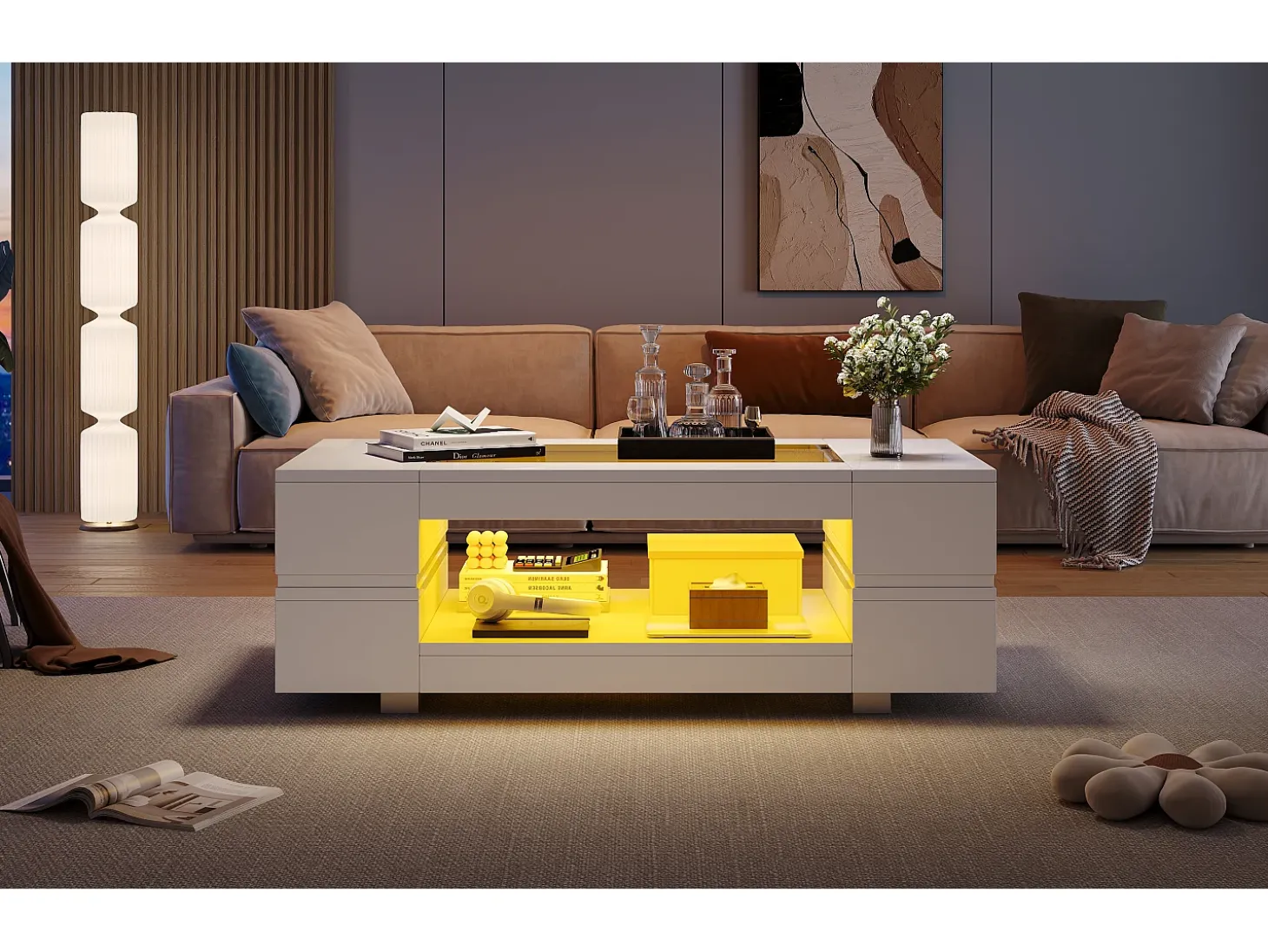 Mesa de centro 100x50x35 cm - com iluminação LED - amplo armazenamento - branco