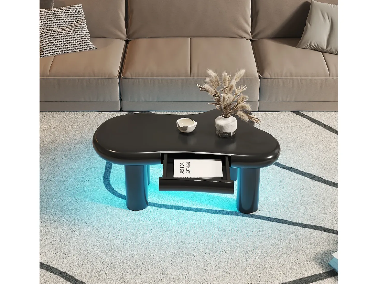 Mesa de centro 98x65.5x40 cm - forma de nuvem - 1 gaveta - com iluminação LED - preto