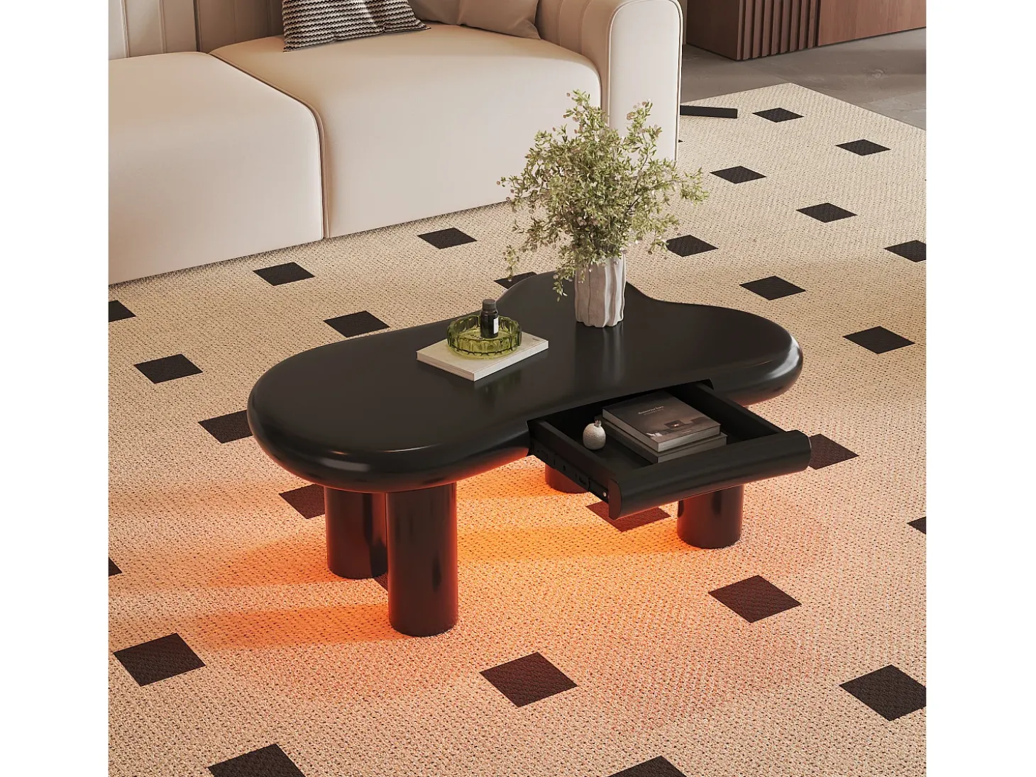 Mesa de centro 98x65.5x40 cm - forma de nuvem - 1 gaveta - com iluminação LED - preto